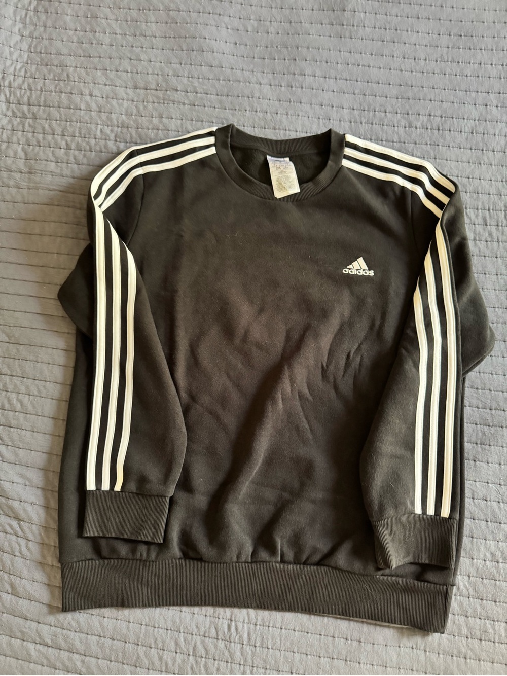 adidas Black Crew Sweatshirt Black with White Signature Stripes NWOT